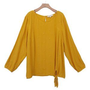 Loft Plus Womens Blouse Size 24 Front Tie Long Sleeve Embroidered Yellow